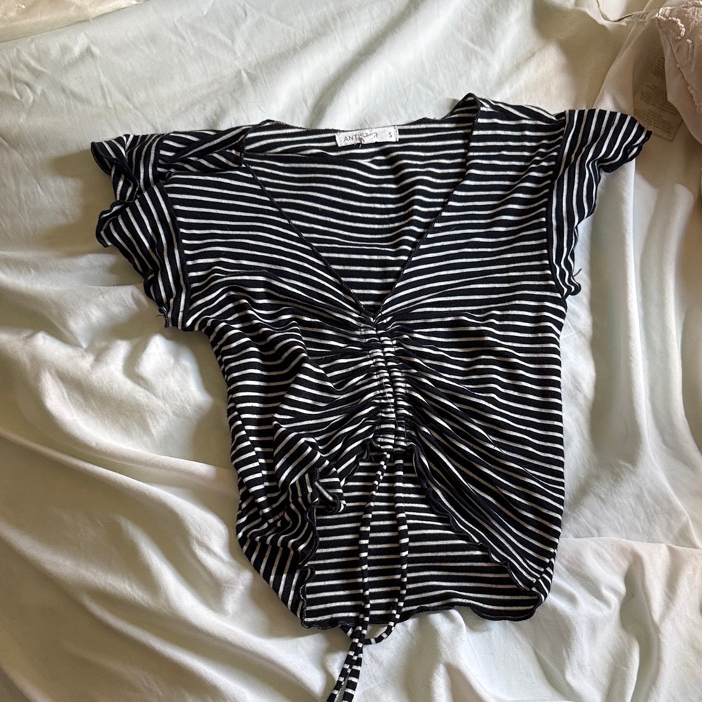 Striped Ruched Blouse with Flutter Sleeves